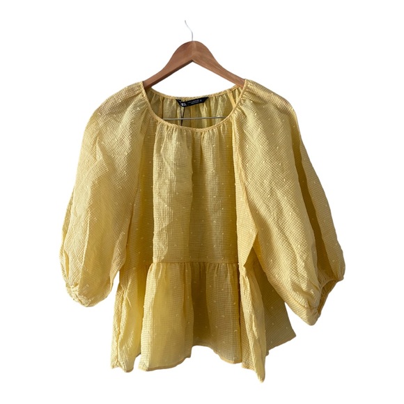 NWT Zara Swiss Dot Volume Blouse Yellow Puffed Sleeve Sheer Blouse M - Picture 5 of 11